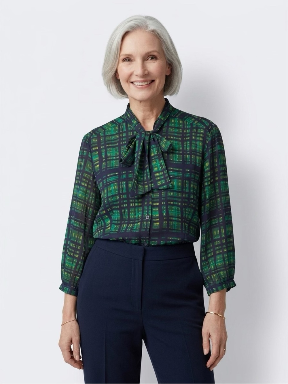 Women’s Merona Blouse Top Shirt Blue Green Plaid Tie Neck Office Career Sz Xl
